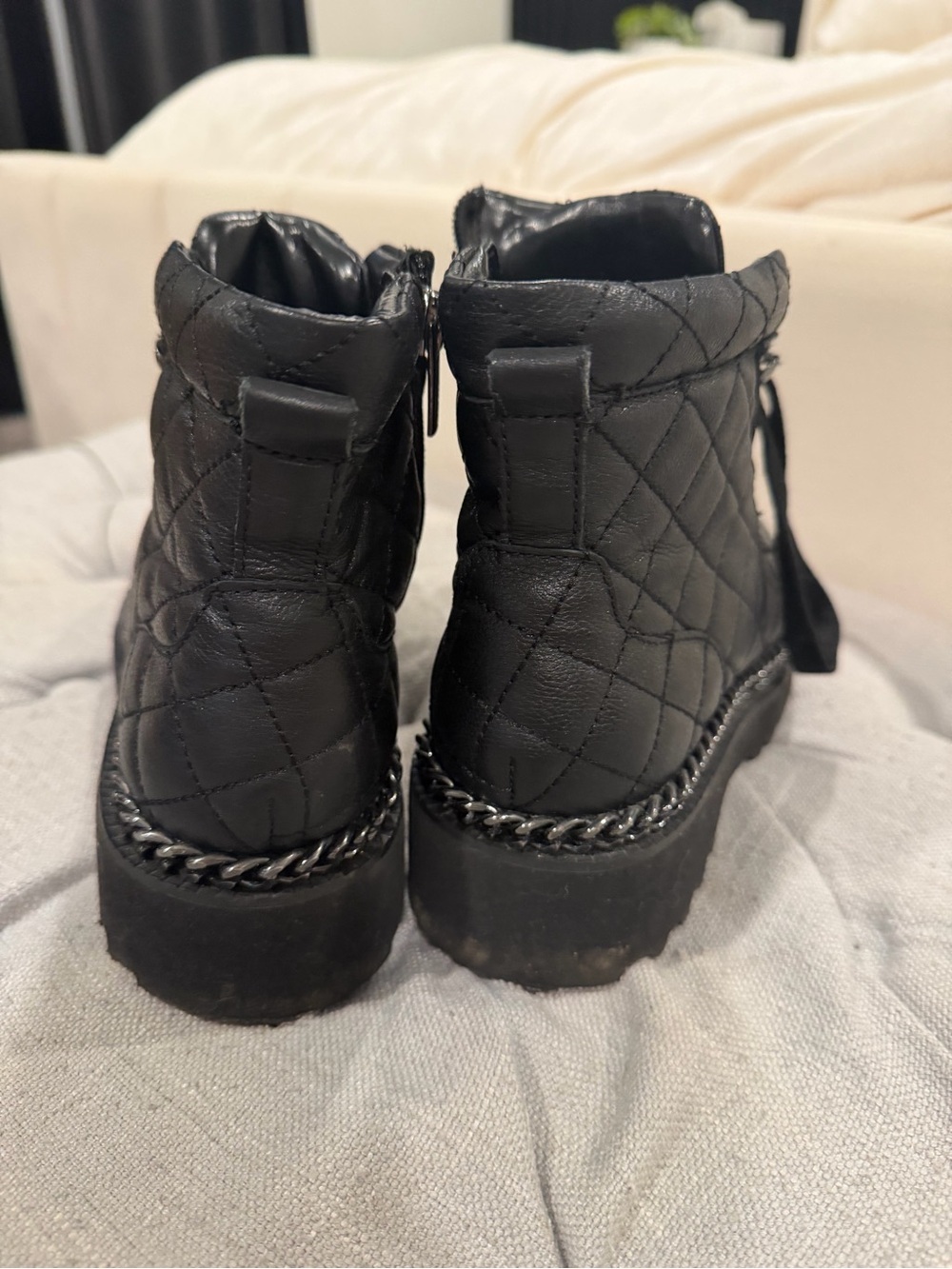 Vince Camuto Black Quilted Ankle Boots with Chain Trim